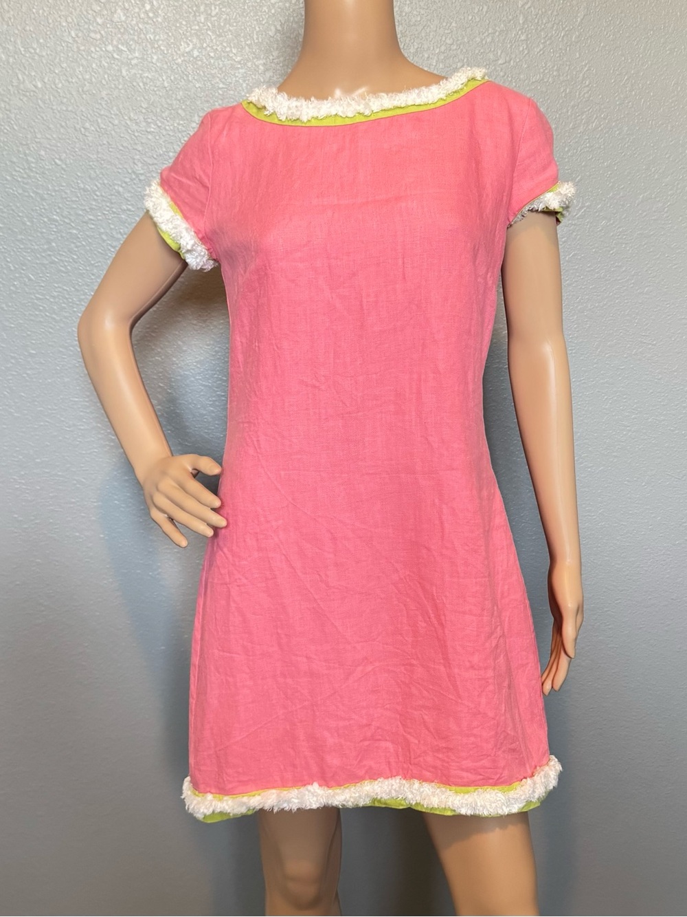 Sail to Sable Pink Linen Mini Shift Dress with Green Trim White Fringe Size 6